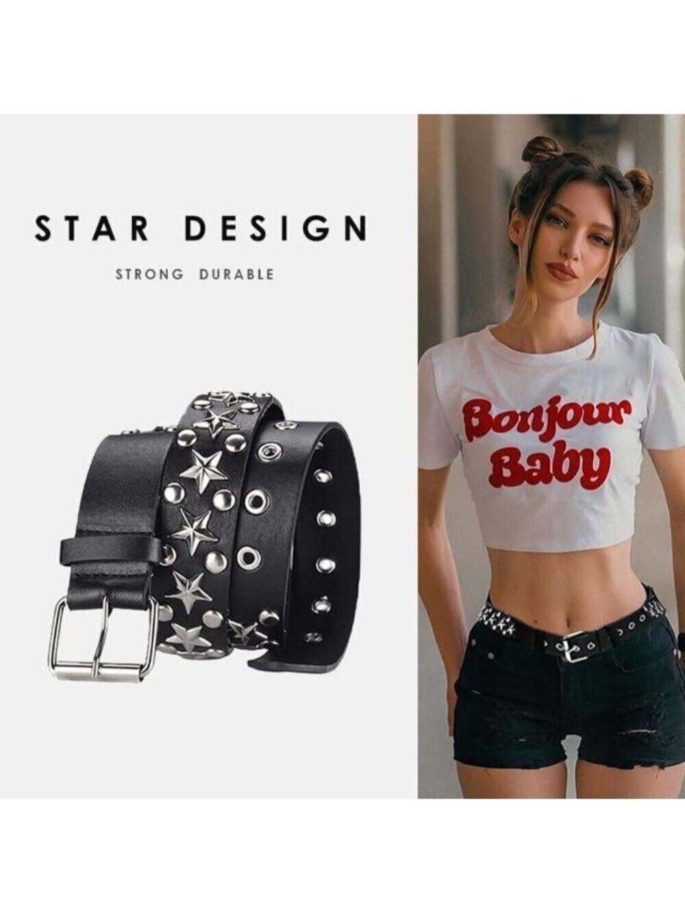 Women's 1 - Black Star Metal Punk Rock Rivet Belt With Bright Pyramid Studded - Picture 7 of 8